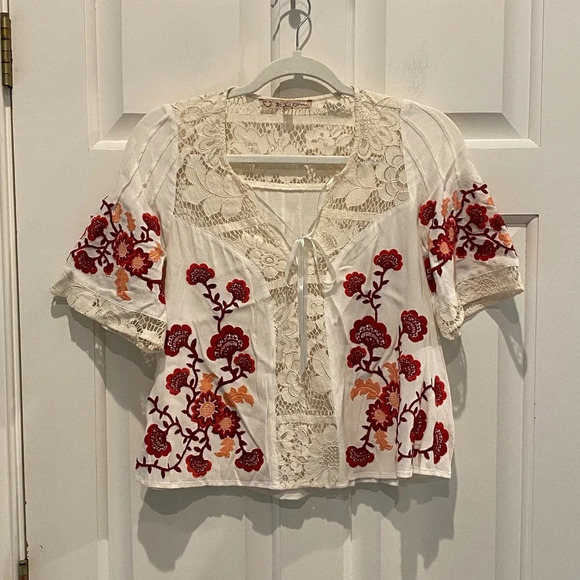 For Love & Lemons Isabella Lace-Inset Embroidered Top/ White 16692 - Picture 3 of 11